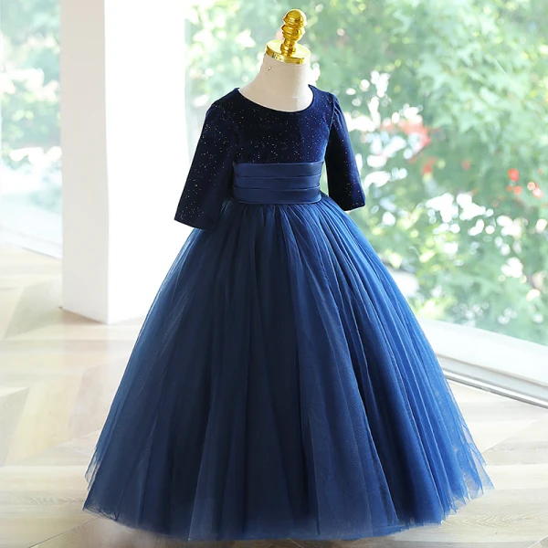 Vintage / Retro Navy Blue Sequins Birthday Flower Girl Dresses 2023 Ball Gown Scoop Neck Bow 3/4 Sleeve Floor-Length / Long Flower Girl Dresses