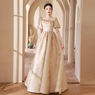 Élégant Champagne Paillettes Robe De Bal 2024 Princesse Encolure Carrée Manches Courtes Dos Nu Longue Promo Robe De Ceremonie