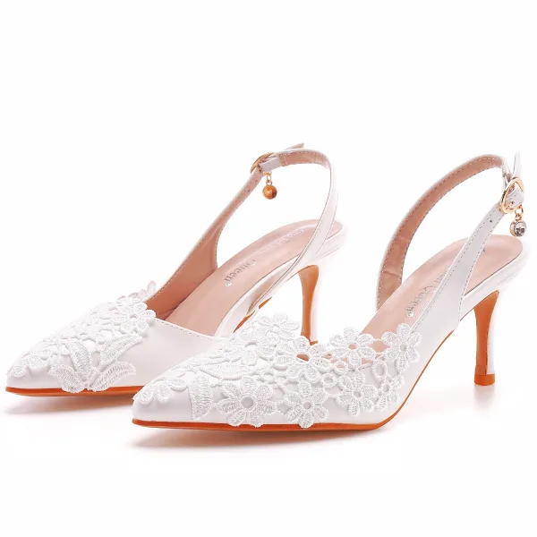 Chic / Beautiful White Summer Lace Flower Wedding Shoes 2022 7 cm Stiletto Heels Pointed Toe Wedding Sandals High Heels