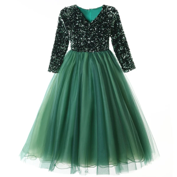 Vintage / Retro Green Sequins Birthday Flower Girl Dresses 2024 Ball Gown V-Neck Long Sleeve Floor-Length / Long