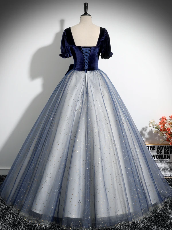 Élégant Bleu Marine Étoile Paillettes Noeud Robe De Bal 2024 Robe Boule Encolure Carrée Manches Courtes Dos Nu Longue Promo Robe De Ceremonie