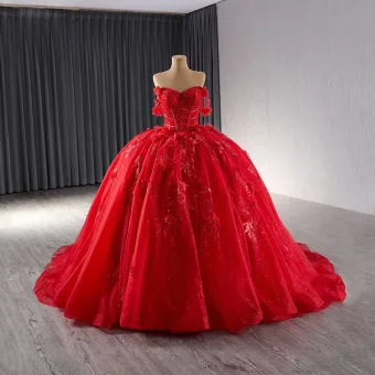 Haut De Gamme Rouge Perlage Perle Paillettes En Dentelle Fleur Appliques Robe De Bal 2024 Robe Boule De L Épaule Sans Manches Dos Nu Chapel Train Promo