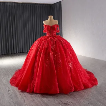 High End Rode Kralen Parel Pailletten Kant Bloem Appliques Galajurken 2024 Baljurk Uit De Schouder Mouwloos Ruglooze Chapel Train Gala
