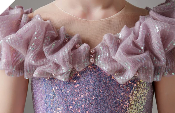 Chic / Beautiful Lavender Glitter Sequins Birthday Flower Girl Dresses 2023 Ball Gown Ruffle Off-The-Shoulder Short Sleeve Floor-Length / Long