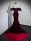 Sexy Burgundy Beading Pearl Velvet Evening Dresses  2023 Trumpet / Mermaid Off-The-Shoulder Short Sleeve Backless Sweep Train Evening Party Formal Dresses