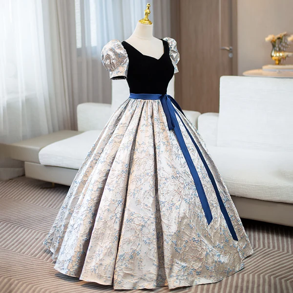 Elegant Navy Blue Embroidered Bow Sash Prom Dresses 2024 Ball Gown V-Neck Puffy Short Sleeve Floor-Length / Long Prom Formal Dresses