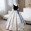 Elegant Navy Blue Embroidered Bow Sash Prom Dresses 2024 Ball Gown V-Neck Puffy Short Sleeve Floor-Length / Long Prom Formal Dresses