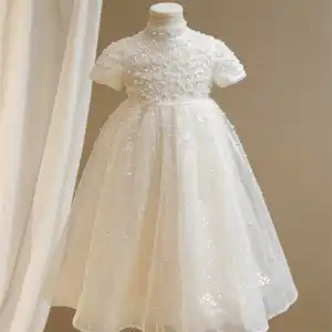 Elegant White Beading Pearl Sequins Wedding Flower Girl Dresses 2024 Ball Gown High Neck Short Sleeve Flower Girl Dresses Floor Length Long Tulle