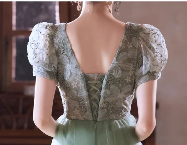Chic / Belle Vert Cendré Fleur Robe De Bal 2025 Princesse V-Cou Manches Courtes Dos Nu Longue Promo Robe De Ceremonie