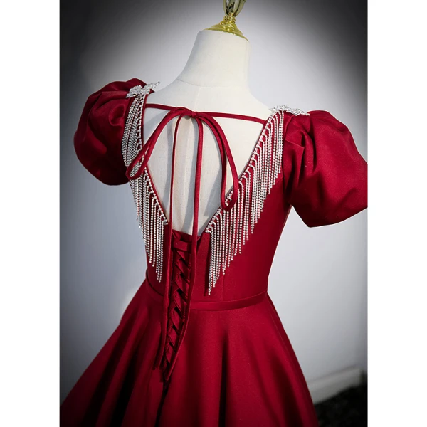Elegant Burgundy Satin Prom Dresses 2022 A-Line / Princess U-Neck Short Sleeve Backless Bow Sash Floor-Length / Long Formal Dresses