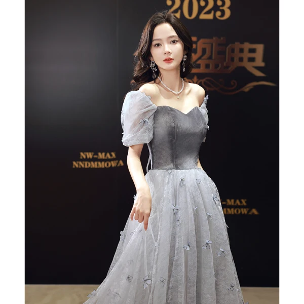 Chic / Beautiful Grey Butterfly Appliques Evening Dresses 2023 A-Line / Princess Square Neckline Short Sleeve Backless Floor-Length / Long Evening Party Formal Dresses