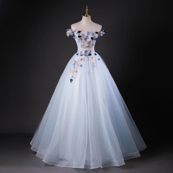 Chic / Beautiful Sky Blue Beading Sequins Appliques Prom Dresses 2023 Ball Gown Off-The-Shoulder Sleeveless Backless Floor-Length / Long Formal Dresses