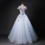 Chic / Beautiful Sky Blue Beading Sequins Appliques Prom Dresses 2023 Ball Gown Off-The-Shoulder Sleeveless Backless Floor-Length / Long Formal Dresses