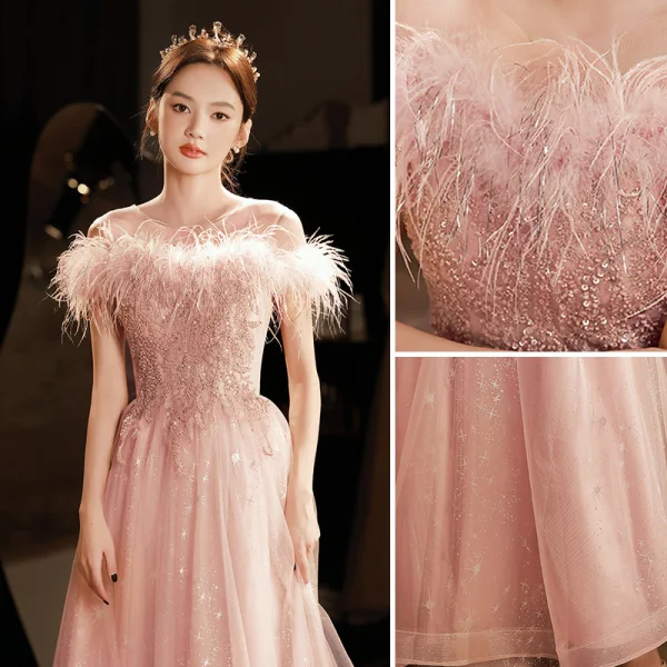 Chic / Belle Rougissant Rose Perlage Paillettes Robe De Soirée 2023 Princesse Encolure Dégagée Gland Sans Manches Longue Soirée Robe De Ceremonie