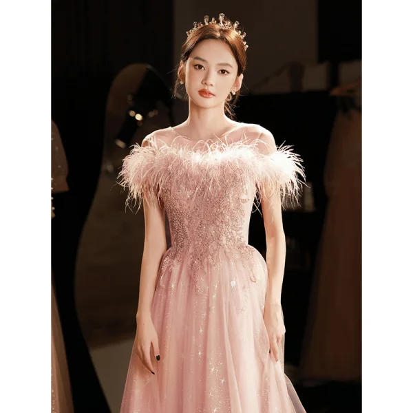 Chic / Belle Rougissant Rose Perlage Paillettes Robe De Soirée 2023 Princesse Encolure Dégagée Gland Sans Manches Longue Soirée Robe De Ceremonie