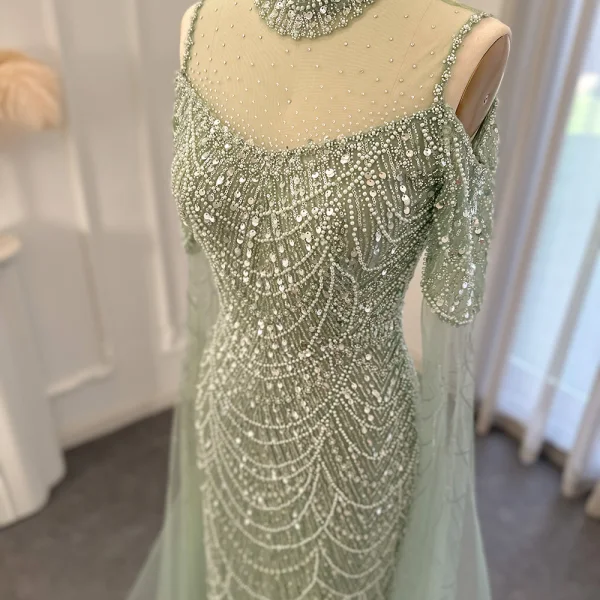 High-end Charming Gold Handmade Beading Pearl Rhinestone Sequins Prom Dresses 2024 Trumpet / Mermaid High Neck Sleeveless Floor-Length / Long Prom