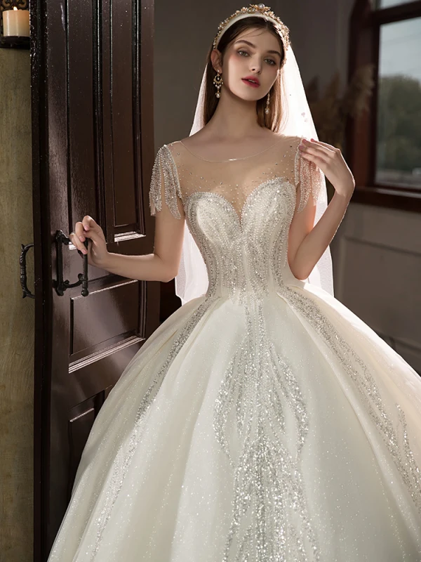High-end Ivory Beading Pearl Rhinestone Sequins Wedding Dresses 2022 Ball Gown Scoop Neck Short Sleeve Backless Royal Train Wedding