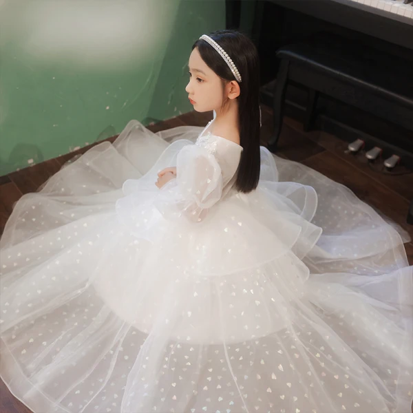 Charming White Birthday Flower Girl Dresses 2022 Ball Gown Cascading Ruffles V-Neck Beading Sequins 3/4 Sleeve Backless Floor-Length / Long Flower Girl Dresses