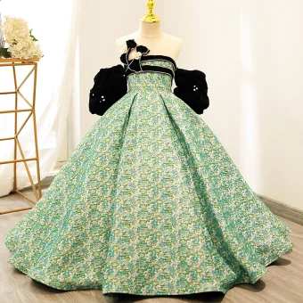 Elegant Sage Green Floral Birthday Flower Girl Dresses 2024 Ball Gown Strapless Bow Rhinestone Short Sleeve Backless Floor Length Long
