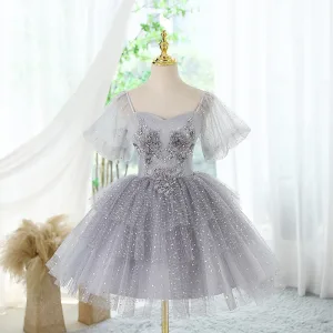 Charming Grey Beading Sequins Appliques Birthday Party Dresses 2024 Ball Gown Square Neckline Short Sleeve Backless Short Formal Dresses