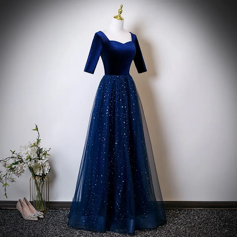 Vintage Retro Navy Blue Star Sequins Floor Length Long Mother Of The Bride  Dresses 2025 A Line Princess Square Neckline Short Sleeve Backless