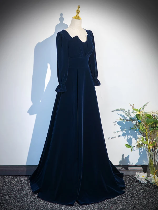 Vintage / Retro Black Winter Velvet Prom Dresses 2024 A-Line / Princess Square Neckline Long Sleeve Backless Floor-Length / Long Prom Formal Dresses