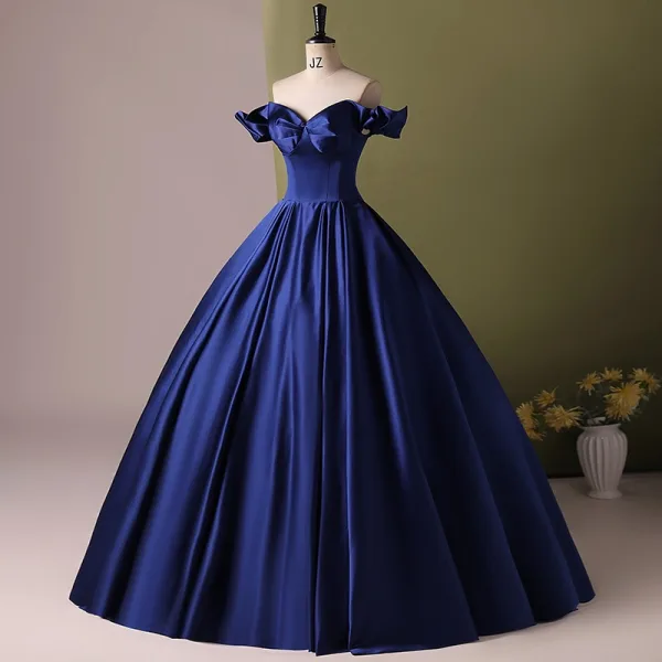 Vintage / Retro Elegant Navy Blue Satin Prom Dresses 2024 Ball Gown Off-The-Shoulder Short Sleeve Backless Floor-Length / Long Prom Formal Dresses