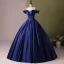 Vintage / Retro Elegant Navy Blue Satin Prom Dresses 2024 Ball Gown Off-The-Shoulder Short Sleeve Backless Floor-Length / Long Prom Formal Dresses