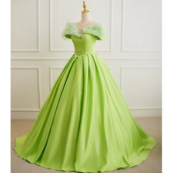 Élégant Vert Perlage Robe De Bal 2025 Robe Boule De l'épaule Manches Courtes Train De Balayage Robe De Ceremonie