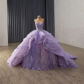Luxury Gorgeous Purple Handmade Beading Sequins Cascading Ruffles Prom Dresses 2025 Ball Gown Strapless Sleeveless Backless Chapel Train Prom Formal Dresses