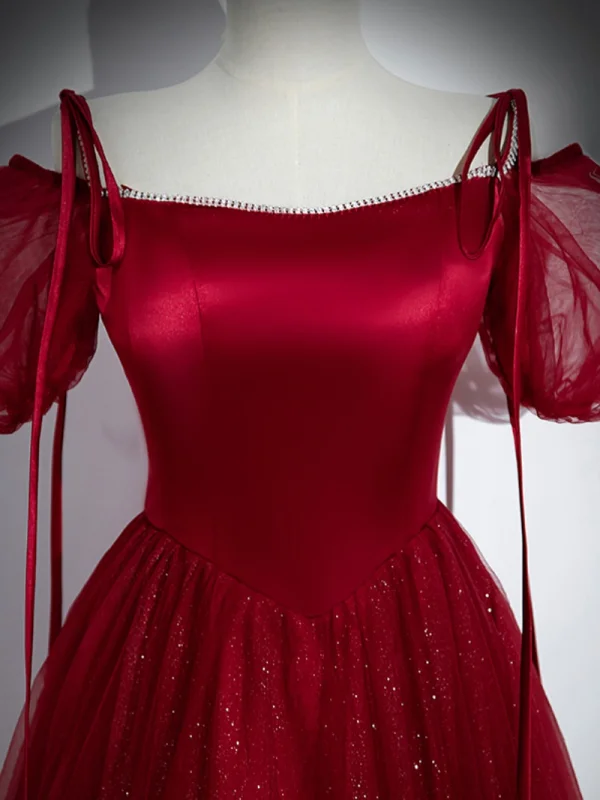 Chic / Belle Bordeaux Paillettes Robe De Bal 2023 Princesse Faux Diamant Bretelles Spaghetti Gonflée Manches Courtes Dos Nu Longue Promo Robe De Ceremonie