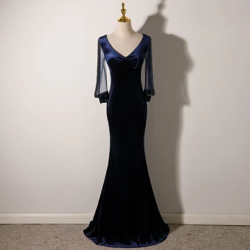 Elegante Donkerblauwe Suede Avondjurken 2022 Trompet Zeemeermin V Hals Kralen Kwast Lange Mouwen Lange Avond Gelegenheid Jurken