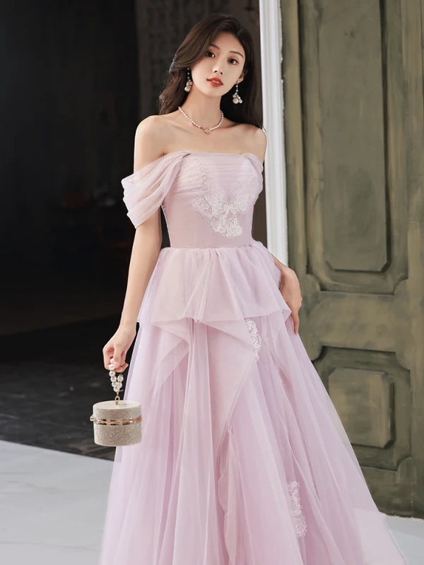 Modest / Simple Lavender Lace Flower Prom Dresses A-Line / Princess 2023 Off-The-Shoulder Sleeveless Backless Floor-Length / Long Tulle Prom Formal Dresses