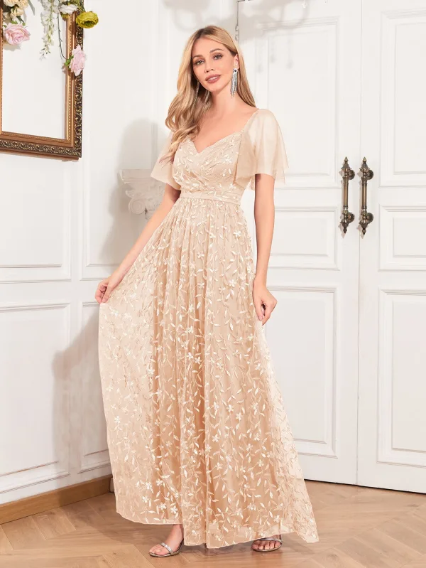 Elegant Blushing Pink Lace Flower Prom Dresses 2024 A-Line / Princess Square Neckline Short Sleeve Backless Floor-Length / Long Prom Formal Dresses