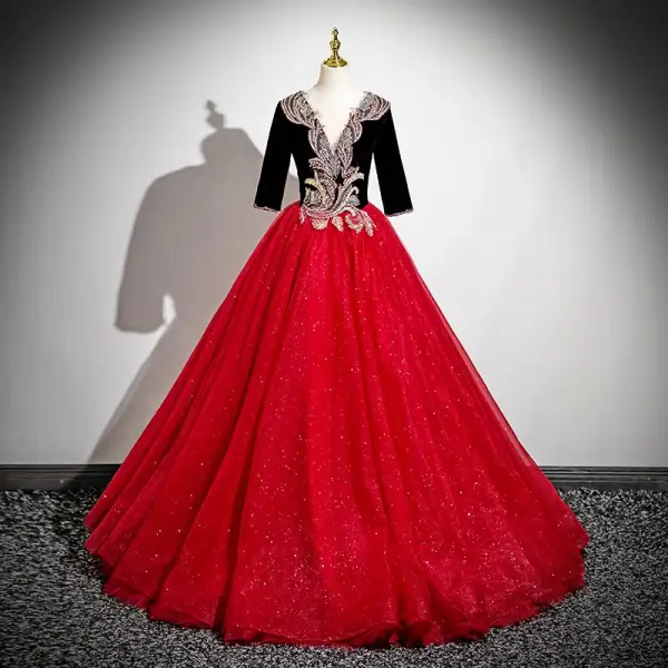 Vintage / Retro Burgundy Beading Sequins Prom Dresses 2025 Ball Gown V-Neck Short Sleeve Backless Floor-Length / Long Prom Formal Dresses
