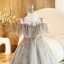 Charming Grey Beading Sequins Birthday Flower Girl Dresses 2023 Ball Gown Off-The-Shoulder Short Sleeve Backless Floor-Length / Long Flower Girl Dresses