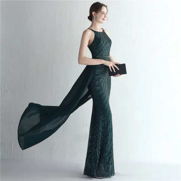 Sexy Burgundy Sequins Evening Dresses 2024 Trumpet / Mermaid Spaghetti Straps Sleeveless Backless Floor-Length / Long Evening Party Formal Dresses