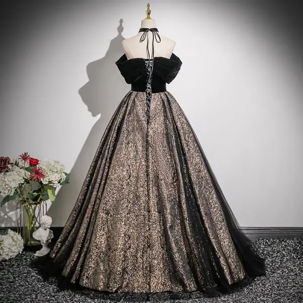 Sexy Black Glitter Prom Dresses 2024 Ball Gown Strapless Sleeveless Backless Floor-Length / Long Prom Formal Dresses