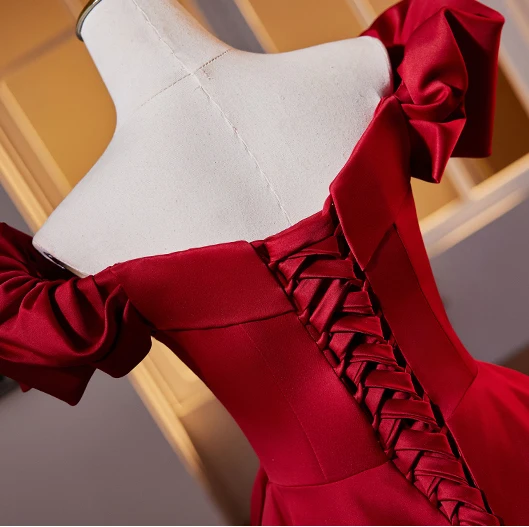 Elegant Burgundy Prom Dresses 2024 Ball Gown Off-The-Shoulder Puffy Short Sleeve Backless Floor-Length / Long Prom Formal Dresses