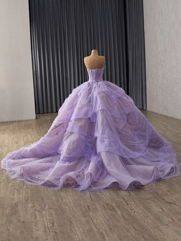 Luxury / Gorgeous Purple Handmade  Beading Sequins Cascading Ruffles Prom Dresses 2025 Ball Gown Strapless Sleeveless Backless Chapel Train Prom Formal Dresses