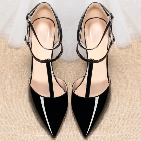 Chic / Beautiful Nude Street Wear Patent Leather Womens Sandals 2020 T-Strap 10 cm Stiletto Heels Pointed Toe Sandals
