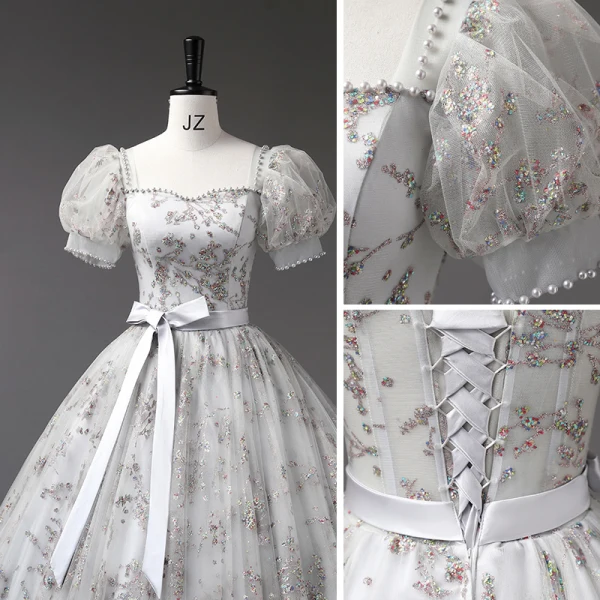 Elegant Grey Beading Pearl Sequins Prom Dresses 2023 Ball Gown Square Neckline Bow Sash Short Sleeve Backless Floor-Length / Long Prom Formal Dresses