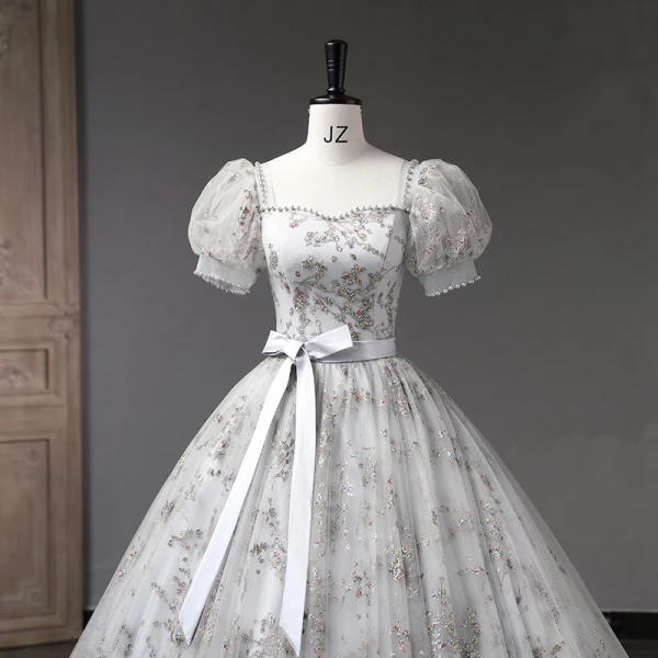 Elegant Grey Beading Pearl Sequins Prom Dresses 2023 Ball Gown Square Neckline Bow Sash Short Sleeve Backless Floor-Length / Long Prom Formal Dresses
