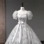 Elegant Grey Beading Pearl Sequins Prom Dresses 2023 Ball Gown Square Neckline Bow Sash Short Sleeve Backless Floor-Length / Long Prom Formal Dresses