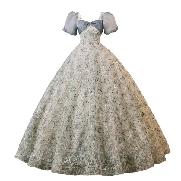 Chic / Beautiful Grey Printing Prom Dresses 2023 Ball Gown Square Neckline Bow Puffy Short Sleeve Backless Floor-Length / Long Prom Formal Dresses