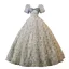 Chic / Beautiful Grey Printing Prom Dresses 2023 Ball Gown Square Neckline Bow Puffy Short Sleeve Backless Floor-Length / Long Prom Formal Dresses