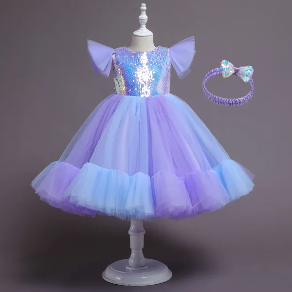 Lovely Sky Blue Sequins Birthday Flower Girl Dresses 2023 Ball Gown Scoop Neck Short Sleeve Bow Floor-Length / Long Flower Girl Dresses
