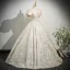 Chic / Beautiful Champagne Rhinestone Printing Prom Dresses 2025 Ball Gown Square Neckline Short Sleeve Backless Floor-Length / Long Prom Formal Dresses