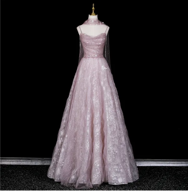 Charming Blushing Pink Beading Rhinestone Sequins Prom Dresses 2026 A-Line / Princess Off-The-Shoulder Short Sleeve Backless Floor-Length / Long Formal Dresses