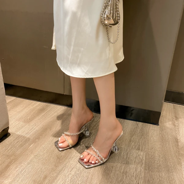 Sexy Silver Rhinestone Evening Party Womens Sandals 2022 9 cm Stiletto Heels Pointed Toe Sandals High Heels